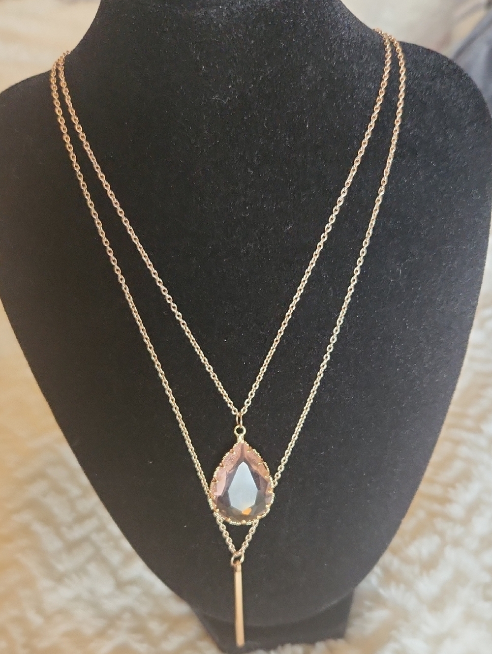 Multi Layered Gold Necklace with Rose Quartz Glass Pendant And Hanging Accent